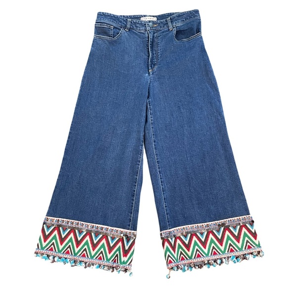 Alice + Olivia Beta Crop Wide Leg Blue Jean Embroidery Sequins Tassels Size 28 - Picture 4 of 15